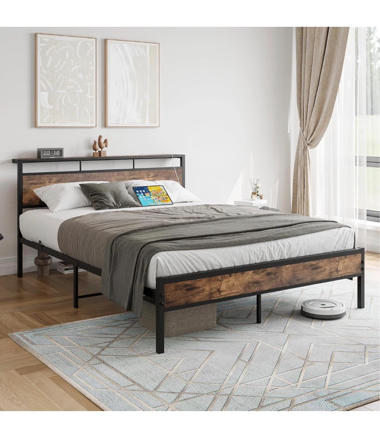 Queen Size Industrial Style Bed Frame with Headboard - photo 2