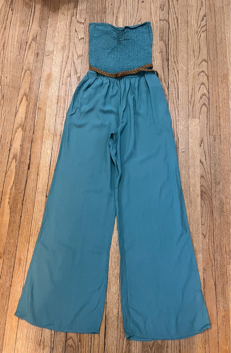 New- Teal Smocked Strapless Wide Leg Jumpsuit with Belt