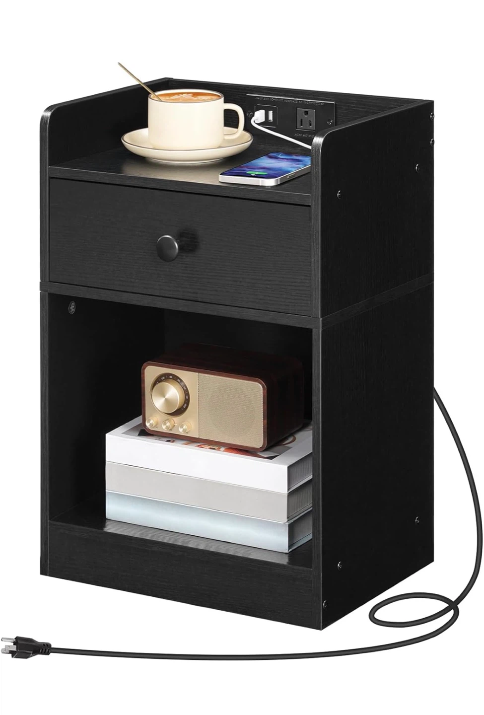 2 Black Nightstand  with Drawer and Built-in USB Ports - photo 2