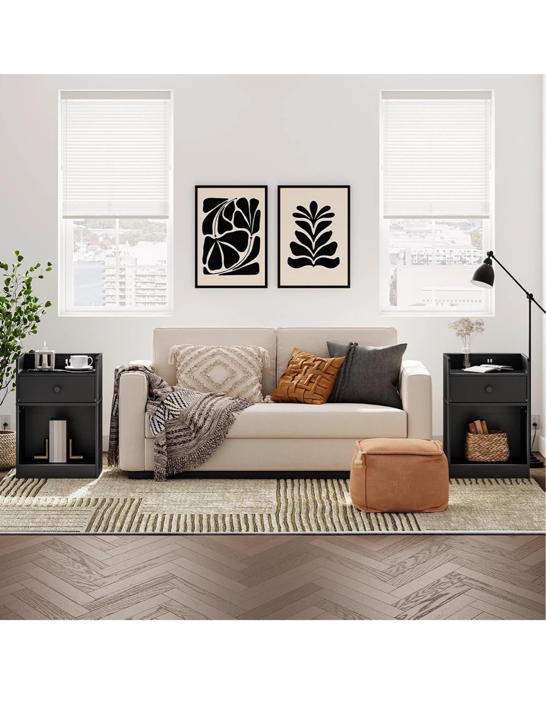 2 Black Nightstand  with Drawer and Built-in USB Ports