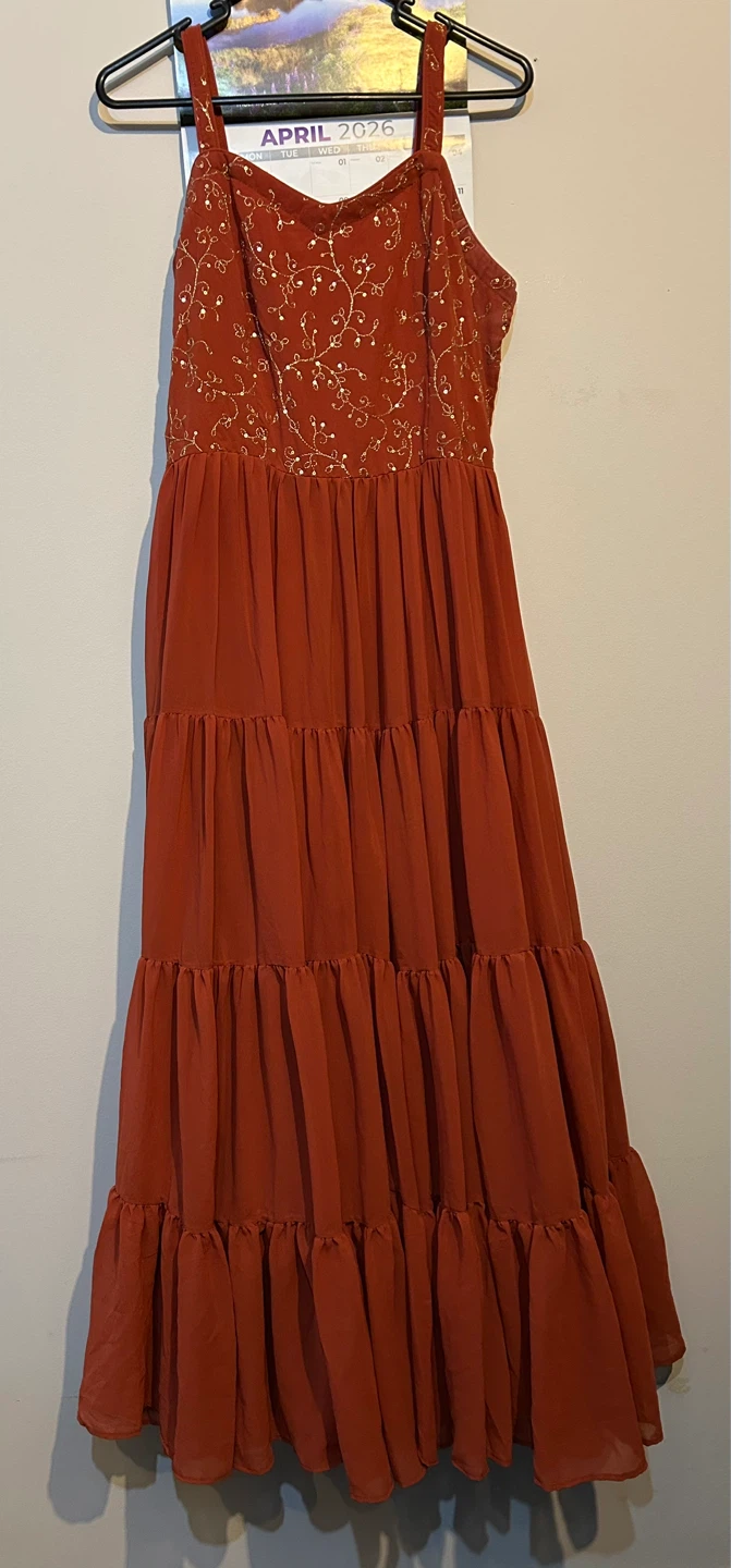 Tiered Maxi Dress with Gold Embroidery