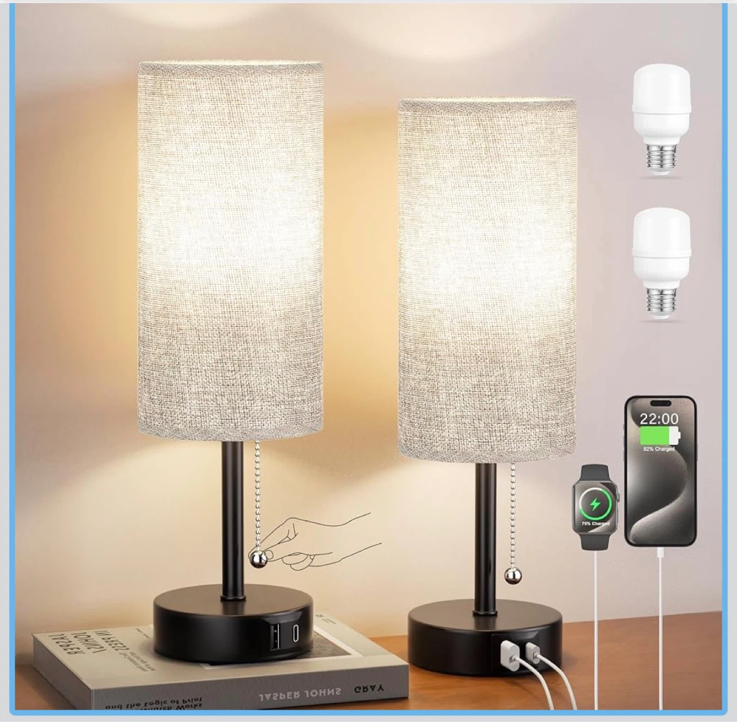 Bedside Table Lamp with USB Ports, 2-Pack - photo 2