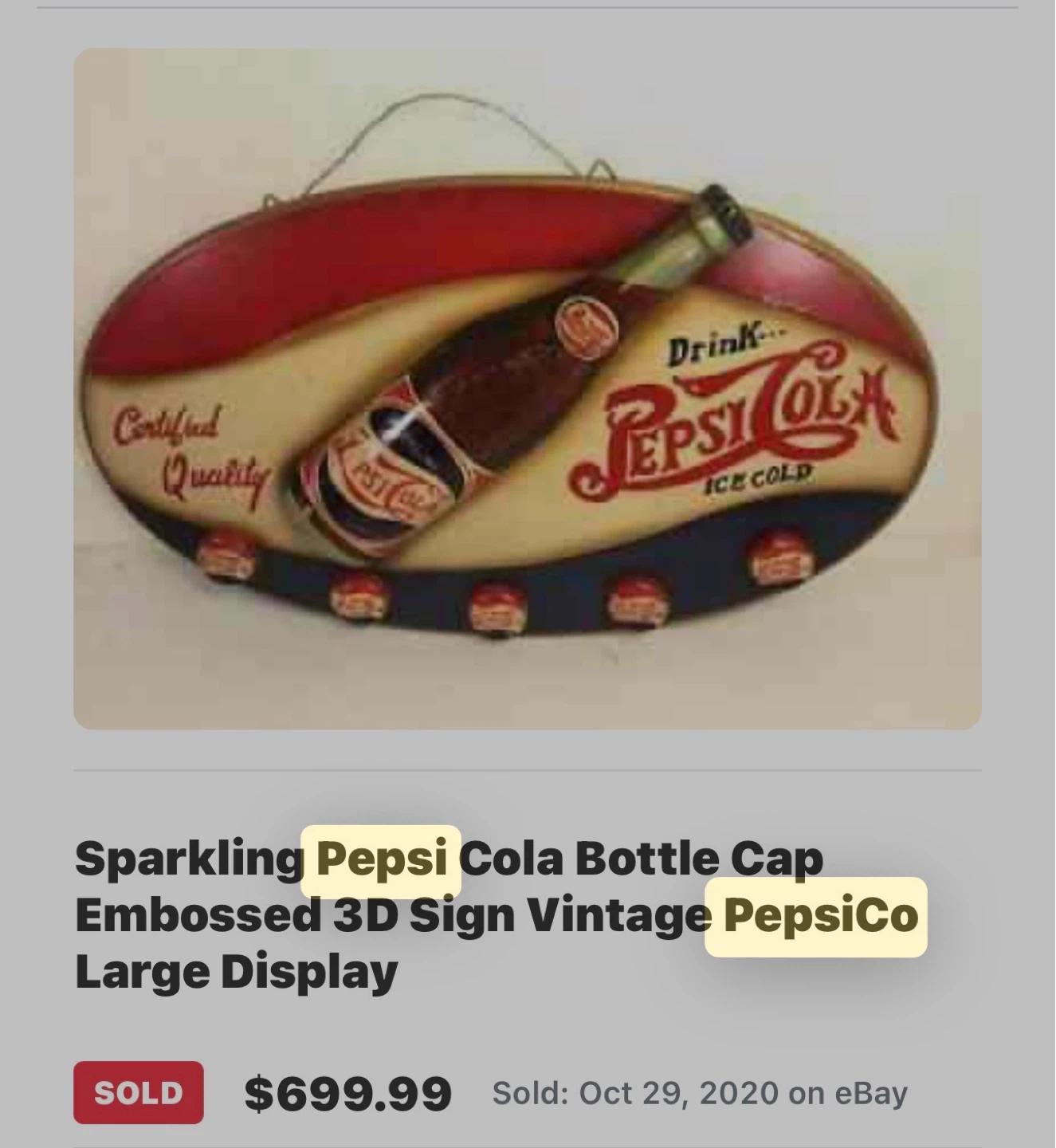 Vintage Pepsi Cola Ice Cold Embossed 3D Oval Sign