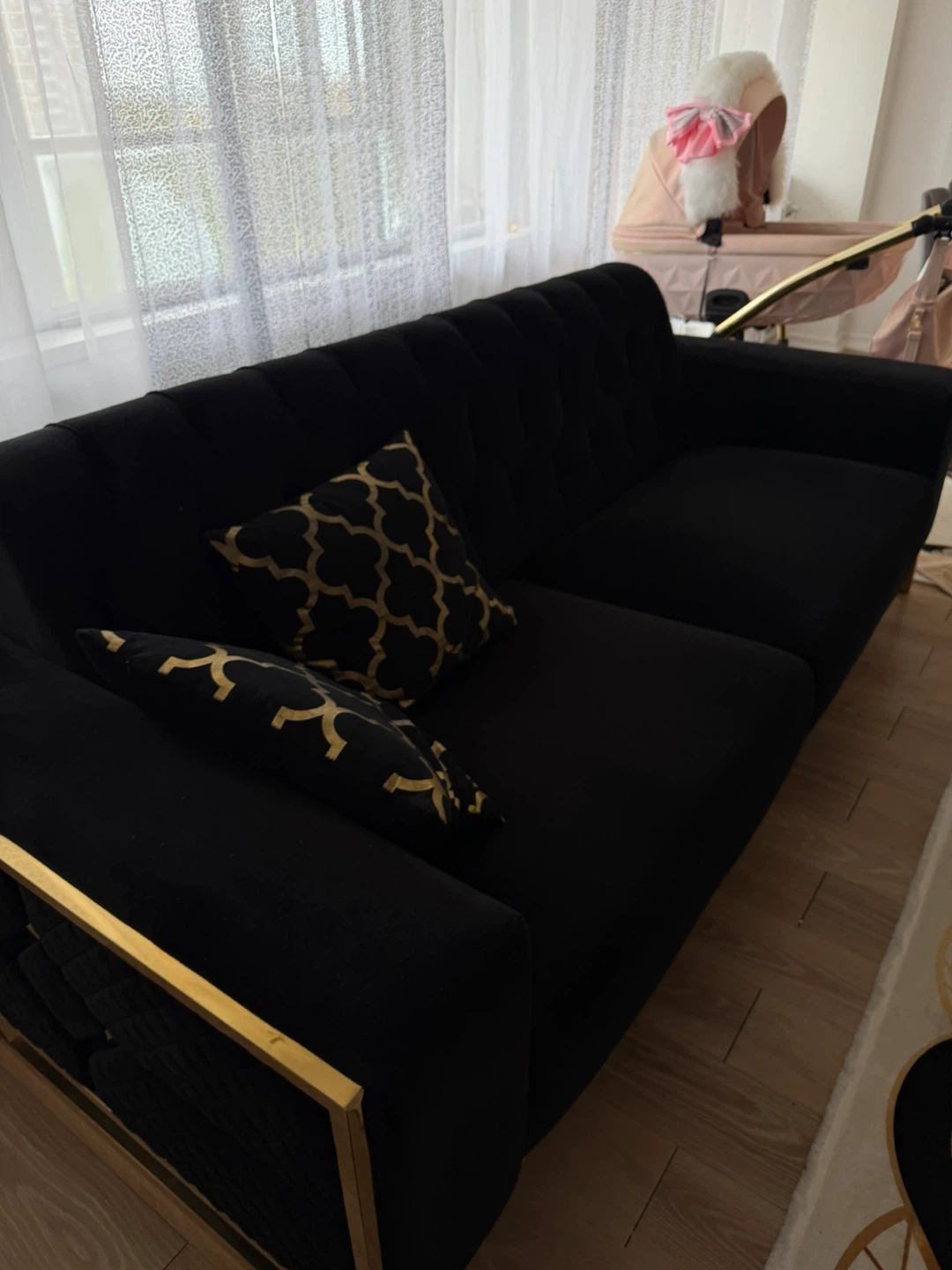 Black Velvet Sofa with Gold Accents - photo 5