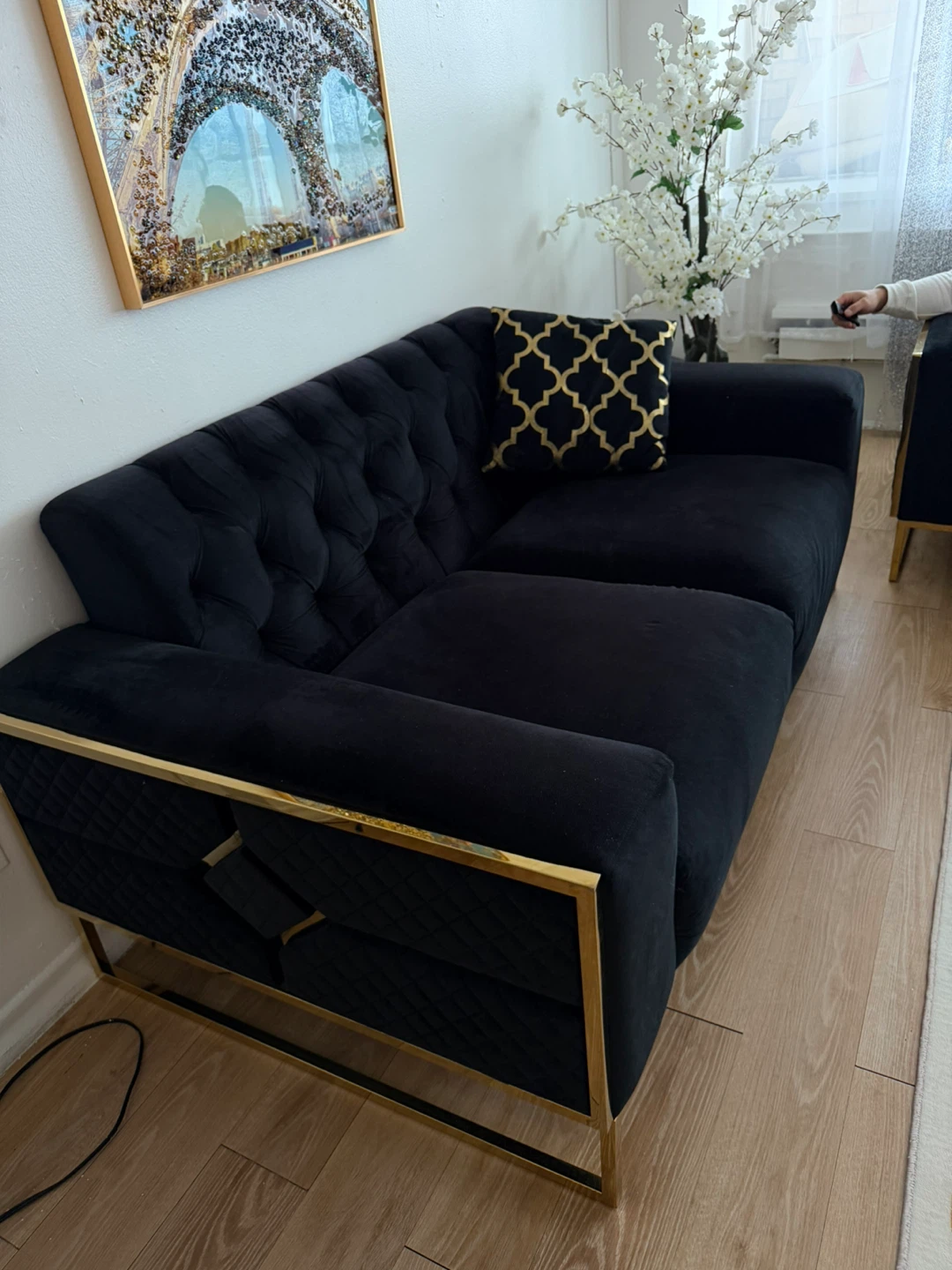 Black Velvet Sofa with Gold Accents