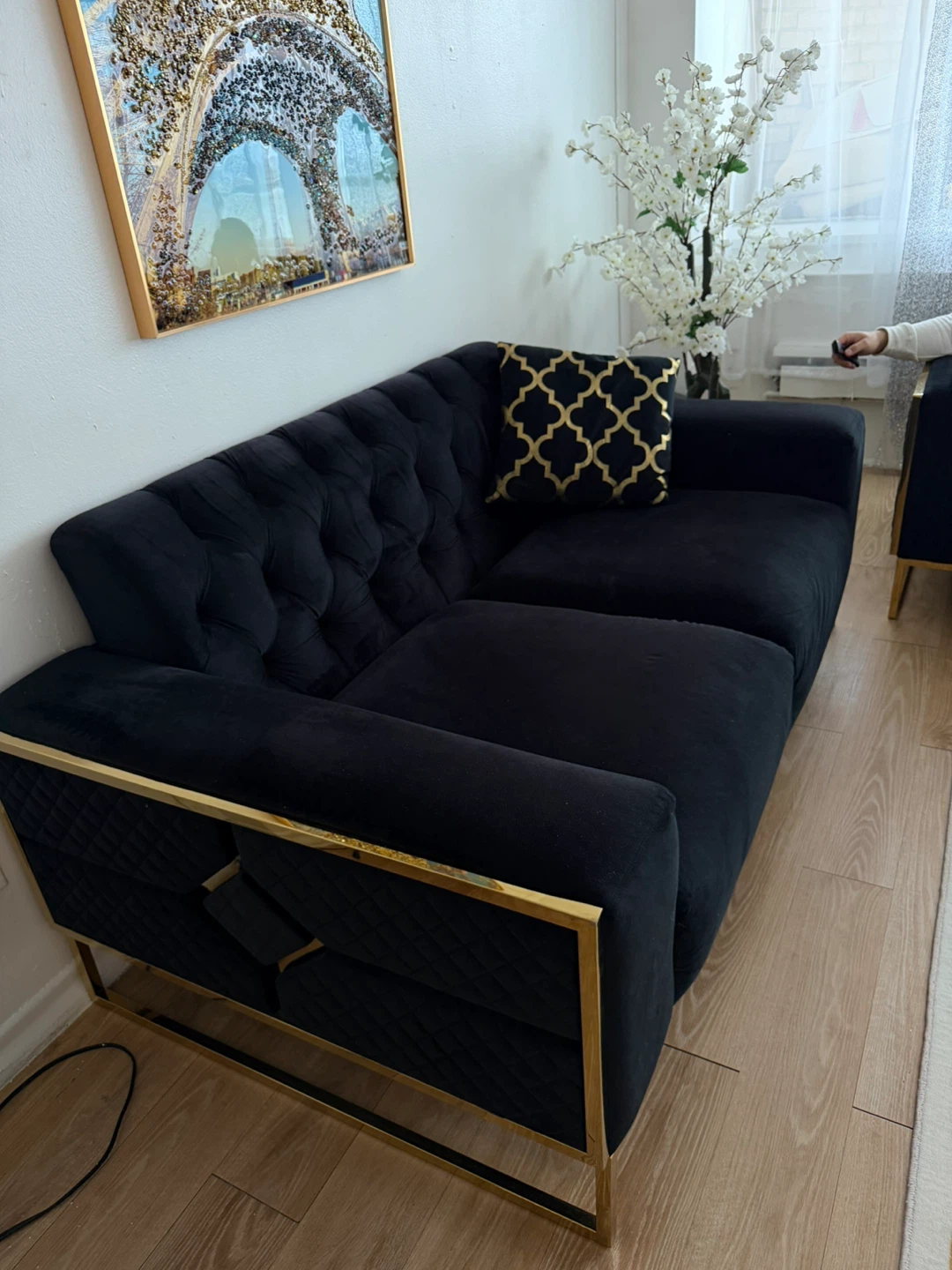 Black Velvet Sofa with Gold Accents - photo 2