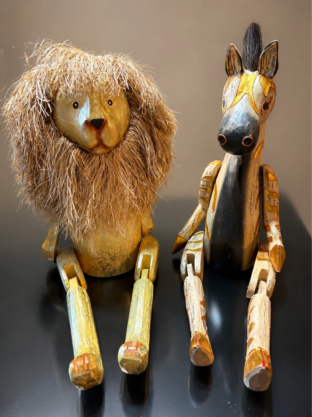 Wooden Lion and Zebra Figurine Set
