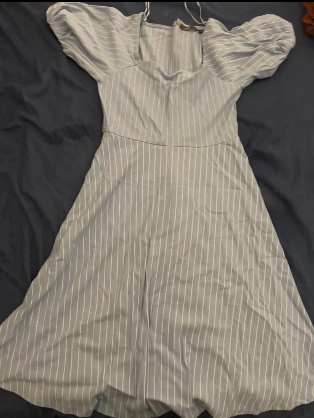 Light Blue Striped Puff Sleeve Dress