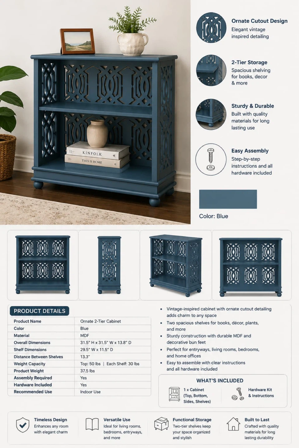 Vintage Blue Ornate 2-Tier Accent Cabinet / Storage Shelf - photo 2