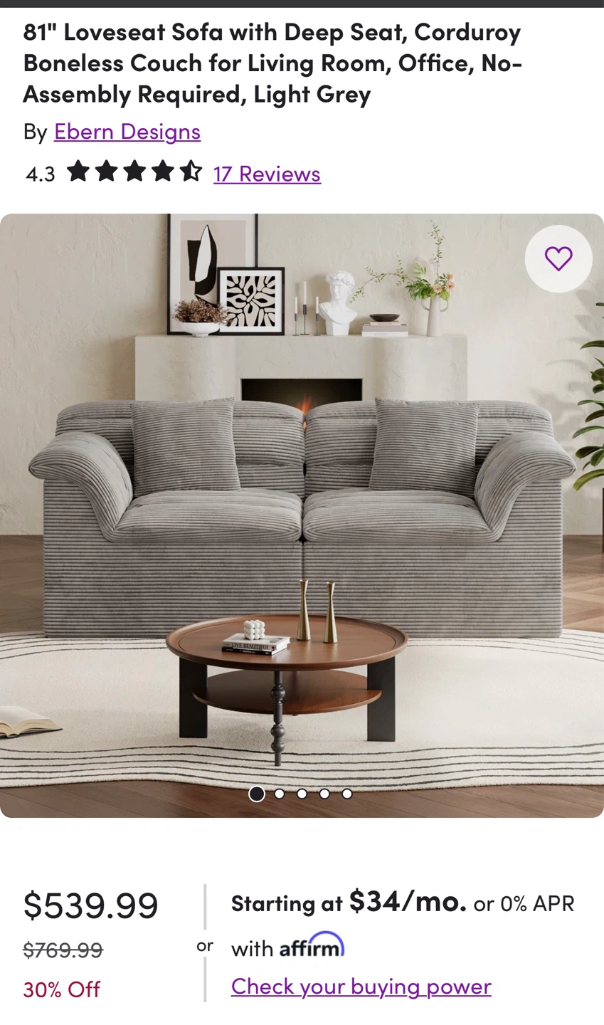 Brand New, IN BOX - “Boneless” Couch - 81" Corduroy