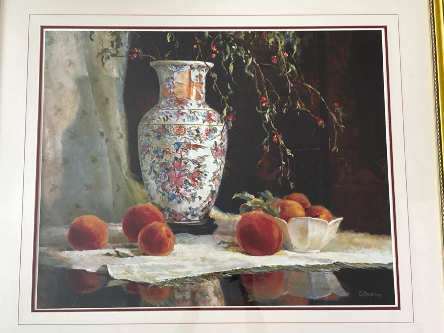 Framed Still Life Painting of Vase and Peaches