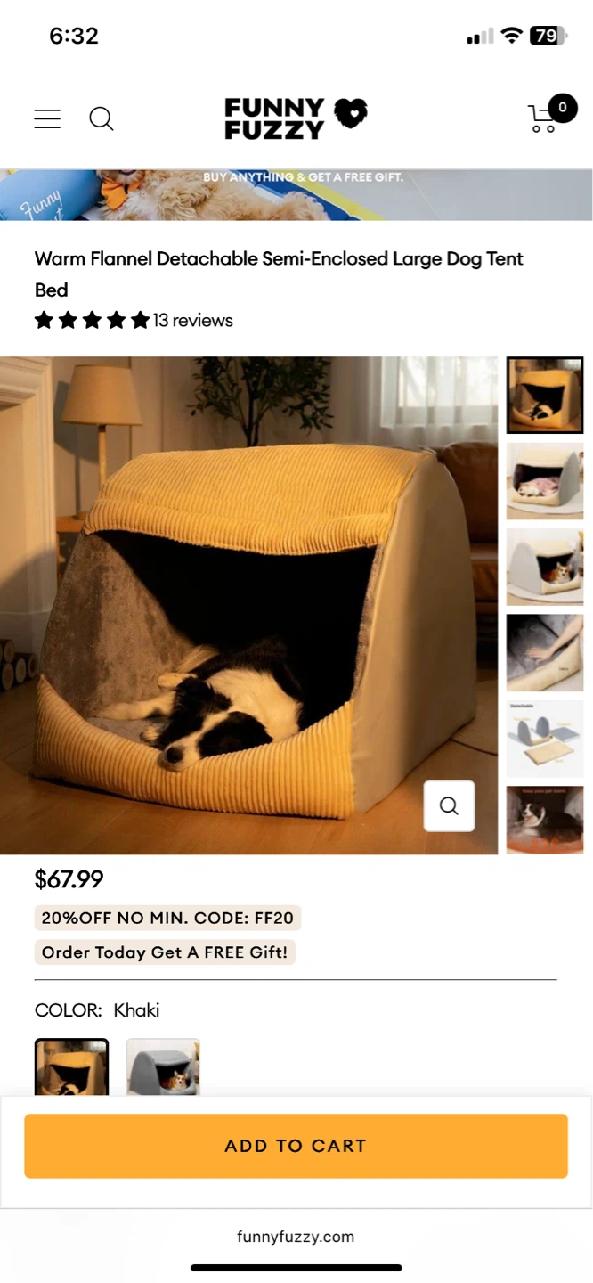 Funny Fuzzy Dog Tent Bed - Khaki, Size M - photo 3