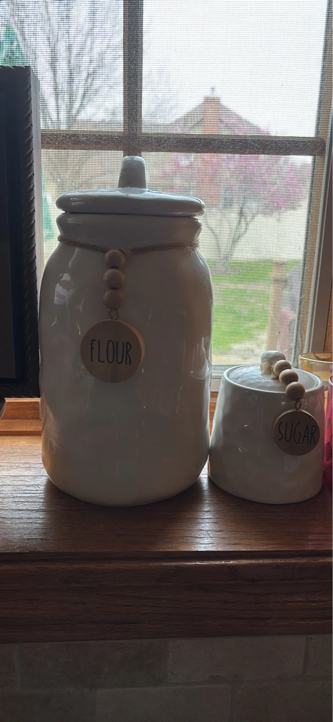 White Ceramic Flour and Sugar Canisters with Wood Bead Accent