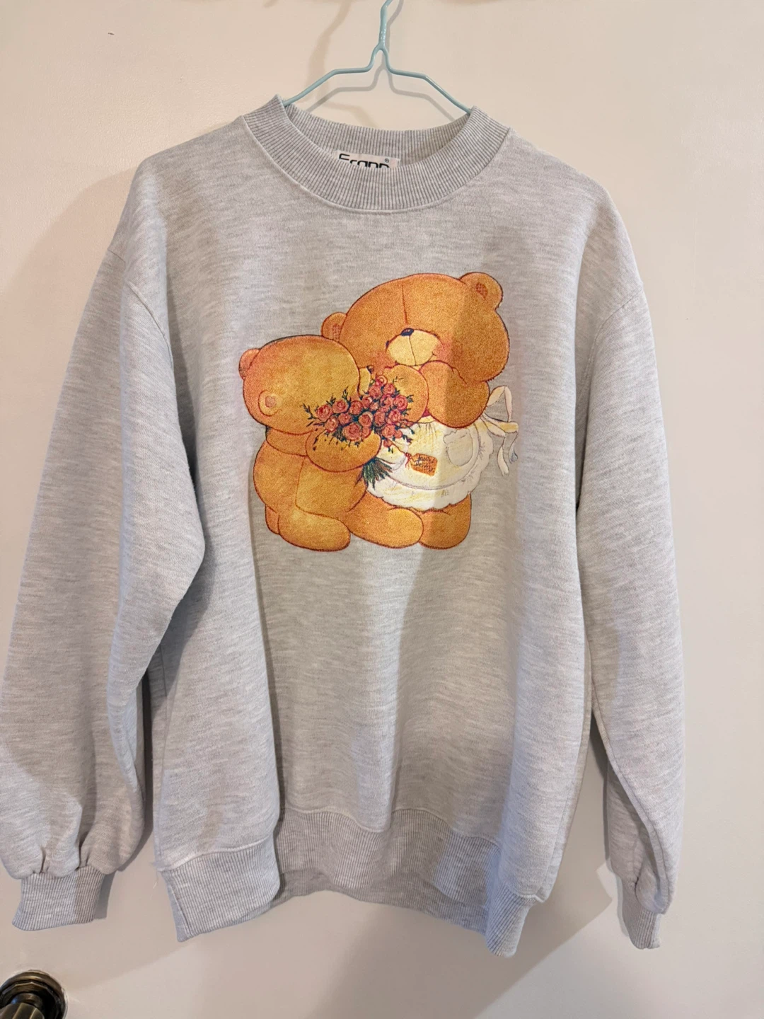 Grey Crewneck Sweatshirt with Teddy Bears and Flowers Graphic