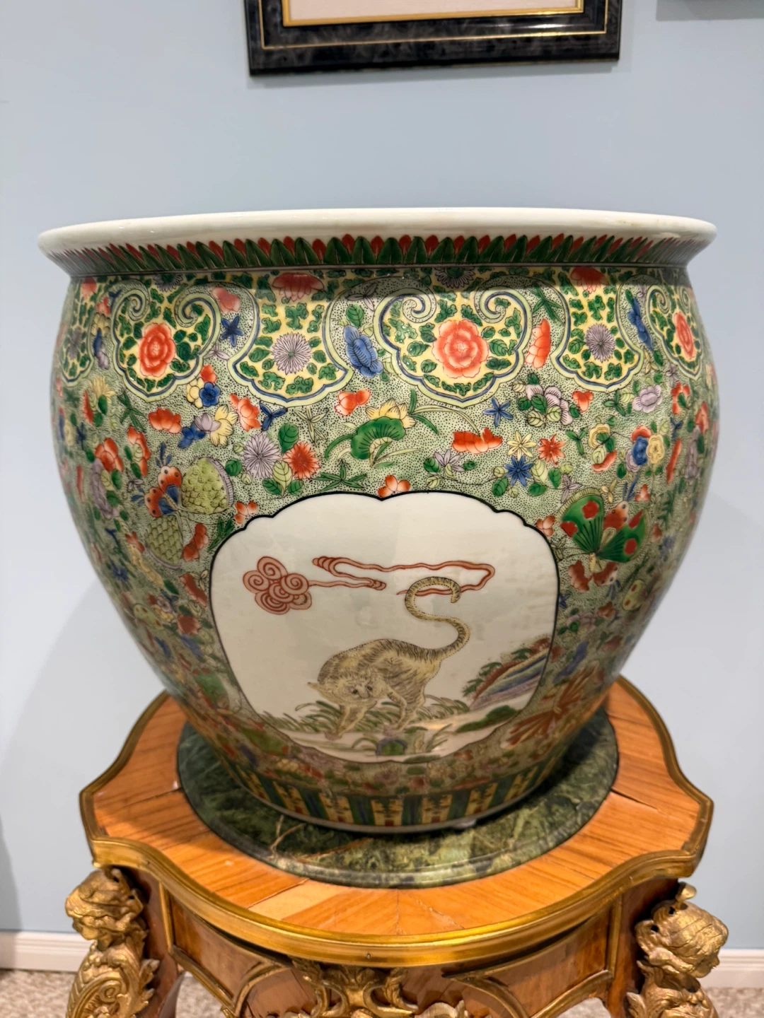 Large Ceramic Fish Bowl Planter with Dragon Motif