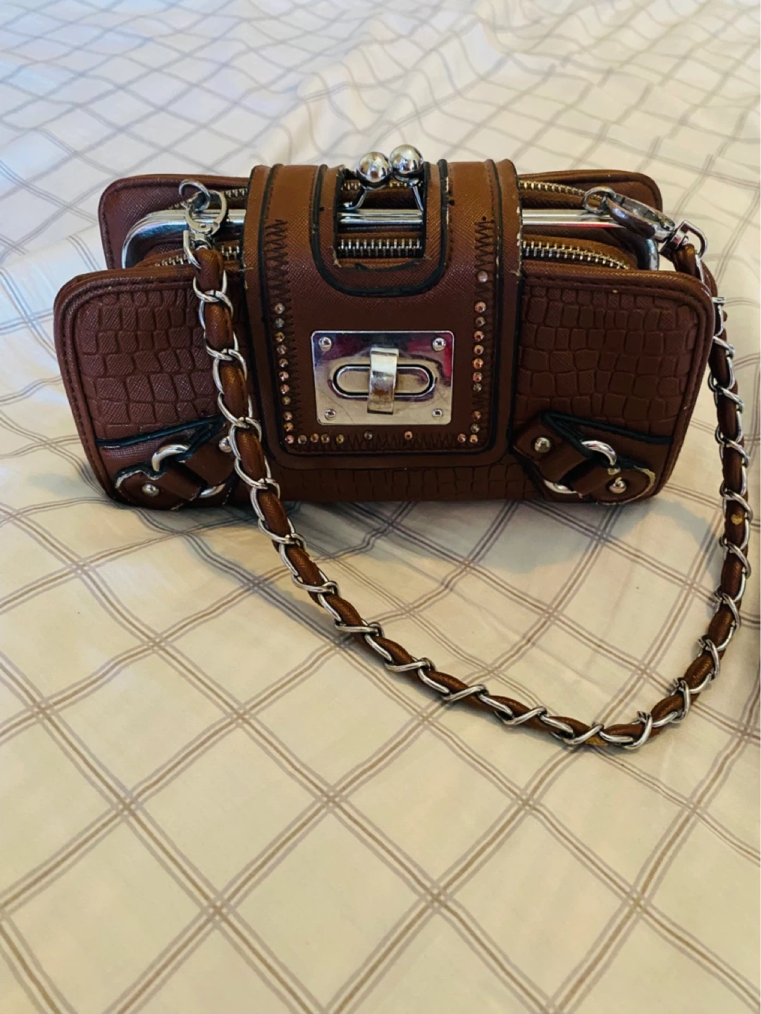 Brown Faux Croc handbag with Chain Strap