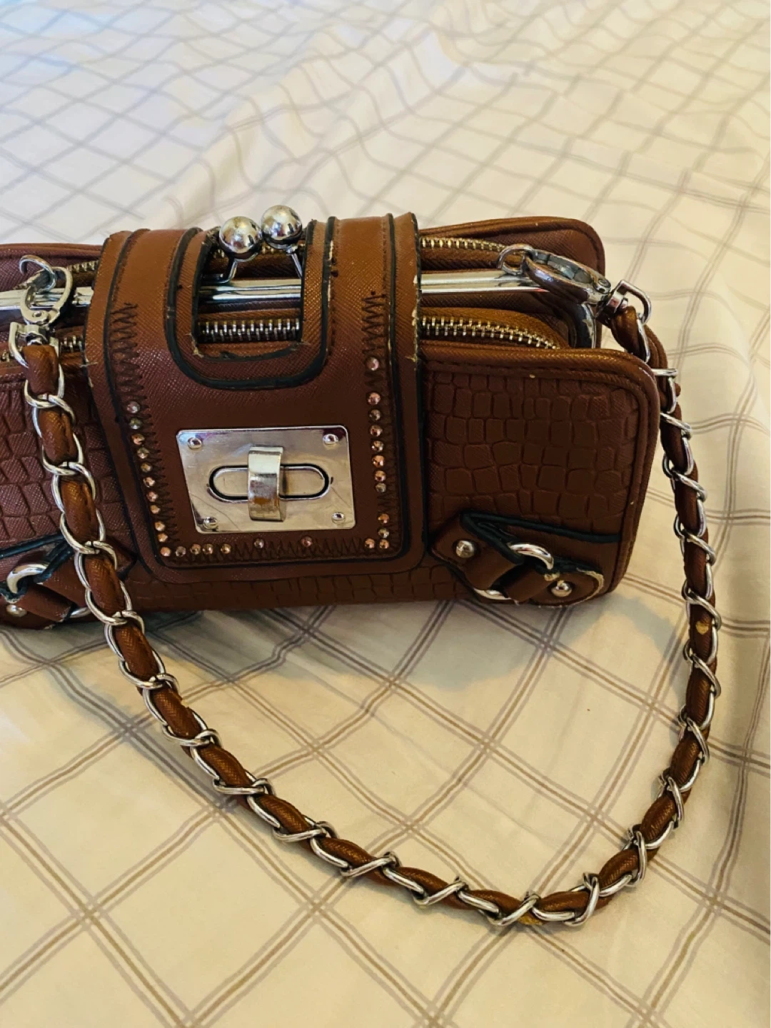Brown Faux Croc handbag with Chain Strap - photo 2
