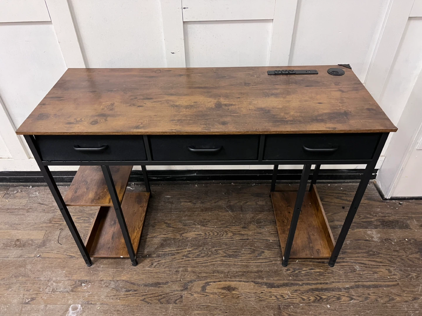 Rustic Wood Desk with Built-in Power Strip & USB Ports
