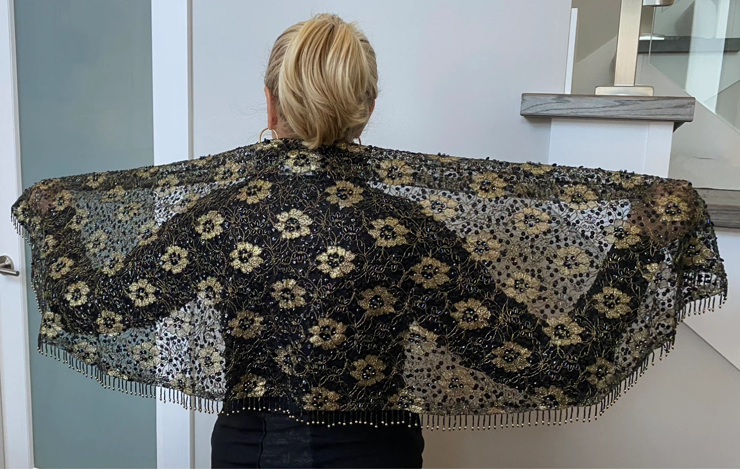 Vintage Black and Gold Beaded Shawl