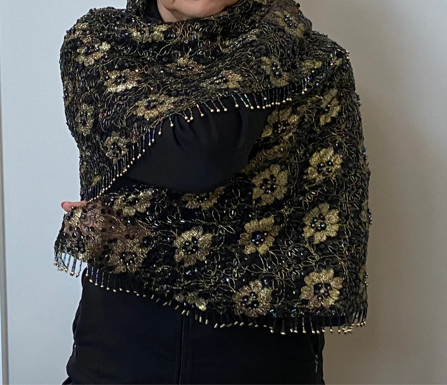 Vintage Black and Gold Beaded Shawl - photo 2
