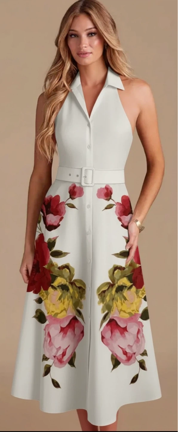 Truly 4 You Women's Floral Print Halter Neck Shirt Dress Size M