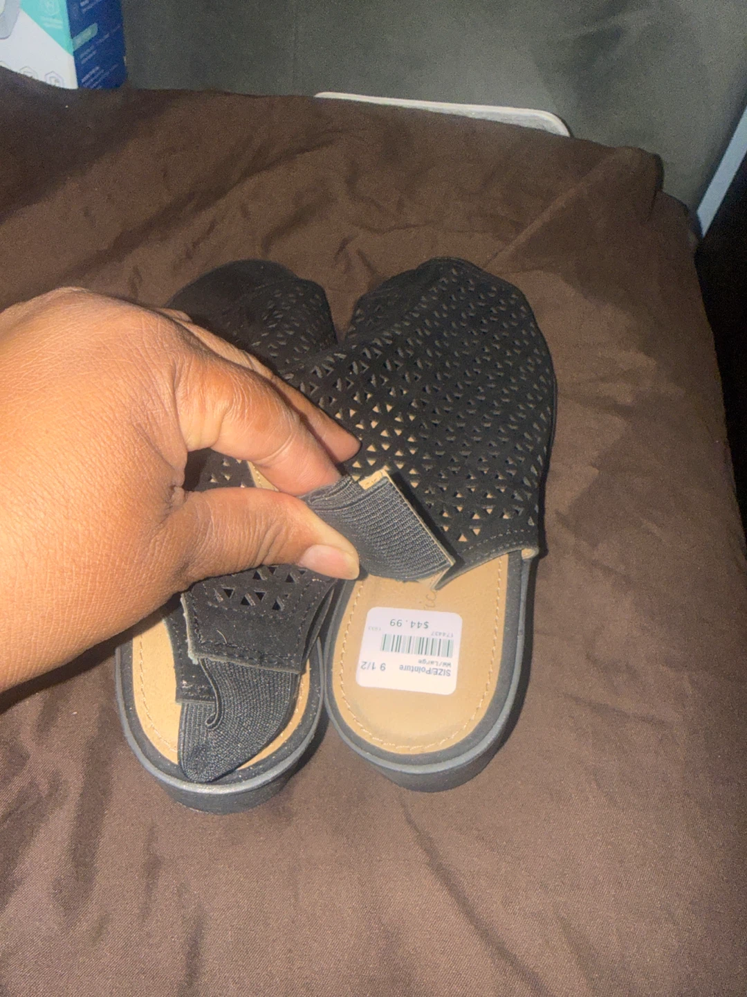 Black Laser-Cut Wedge Sandals