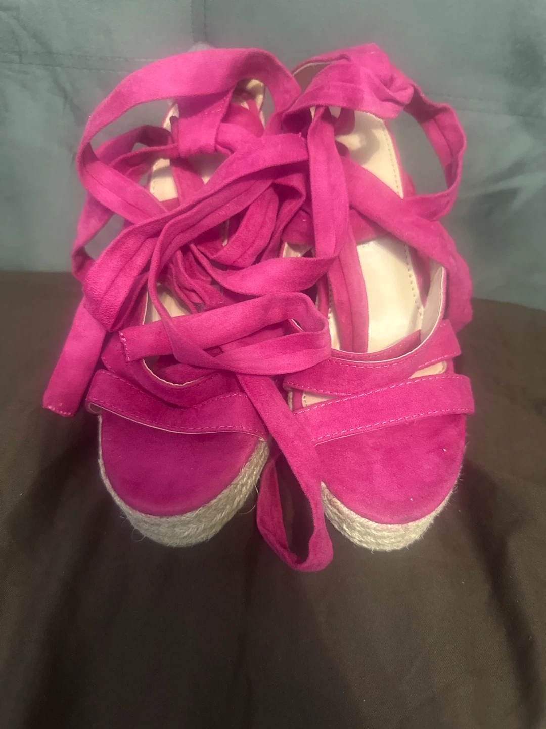 Women's Pink Suede Wedge Espadrilles with Ankle Tie