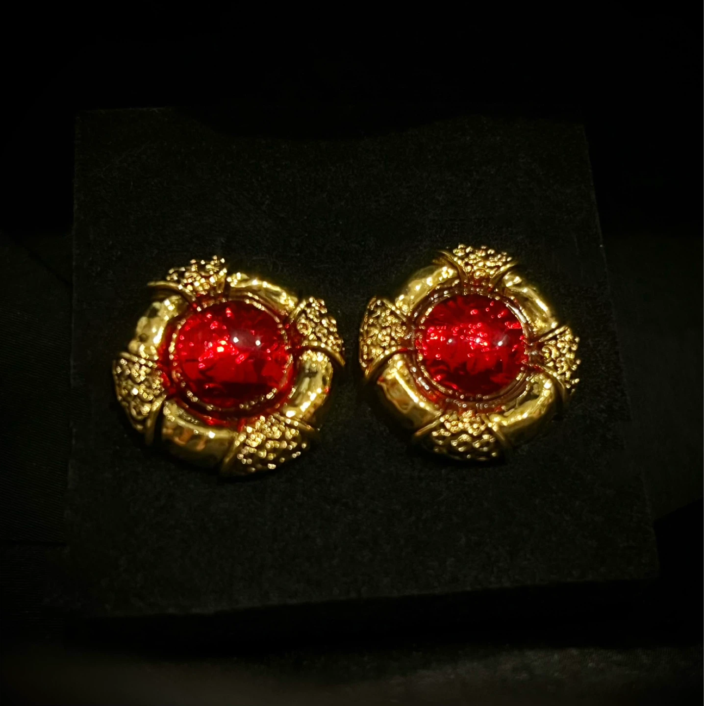 Rare Vintage Gold & Ruby-Red Statement Studs - Retro Glamour