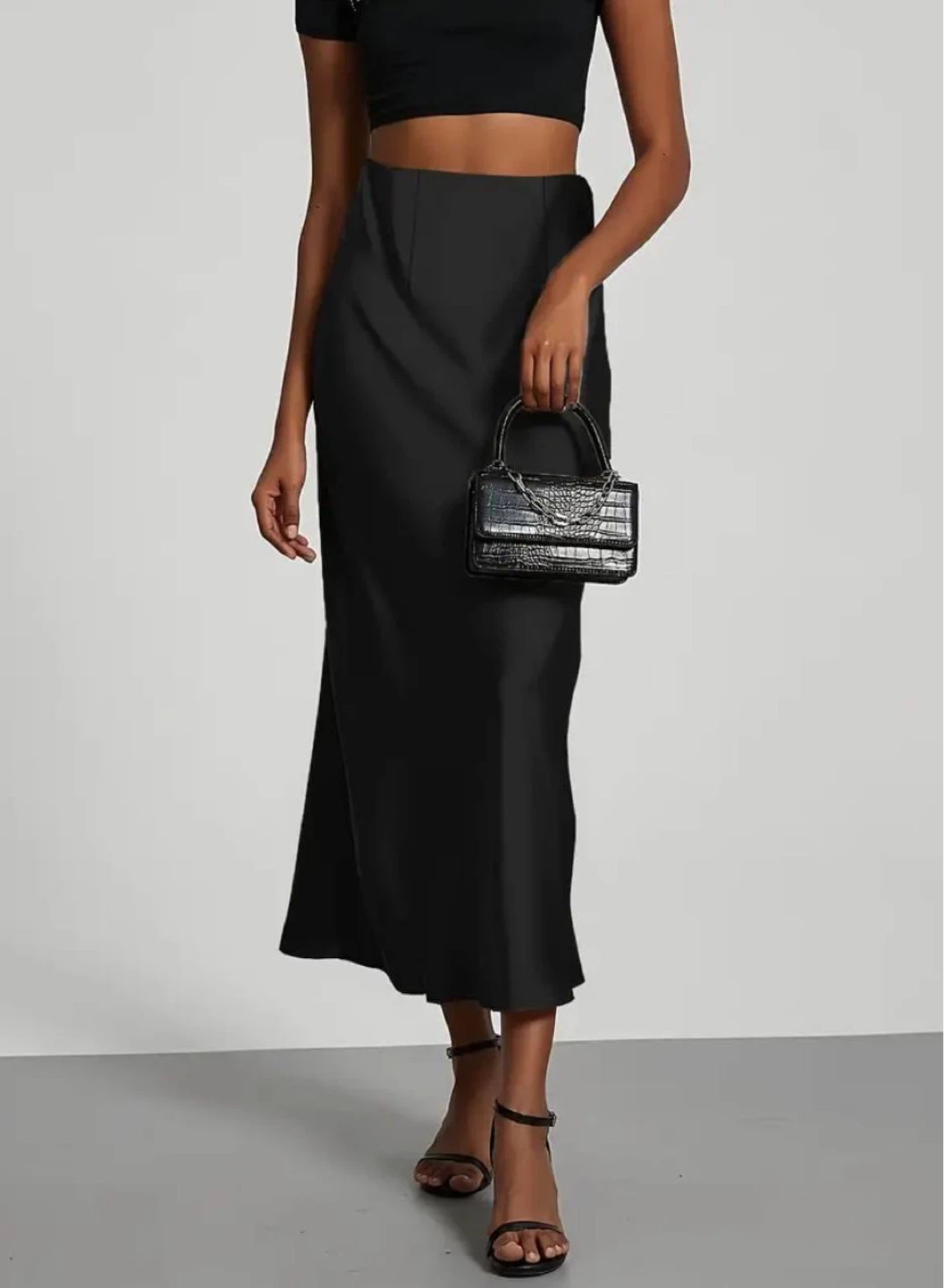 Black Satin Midi Skirt, size S