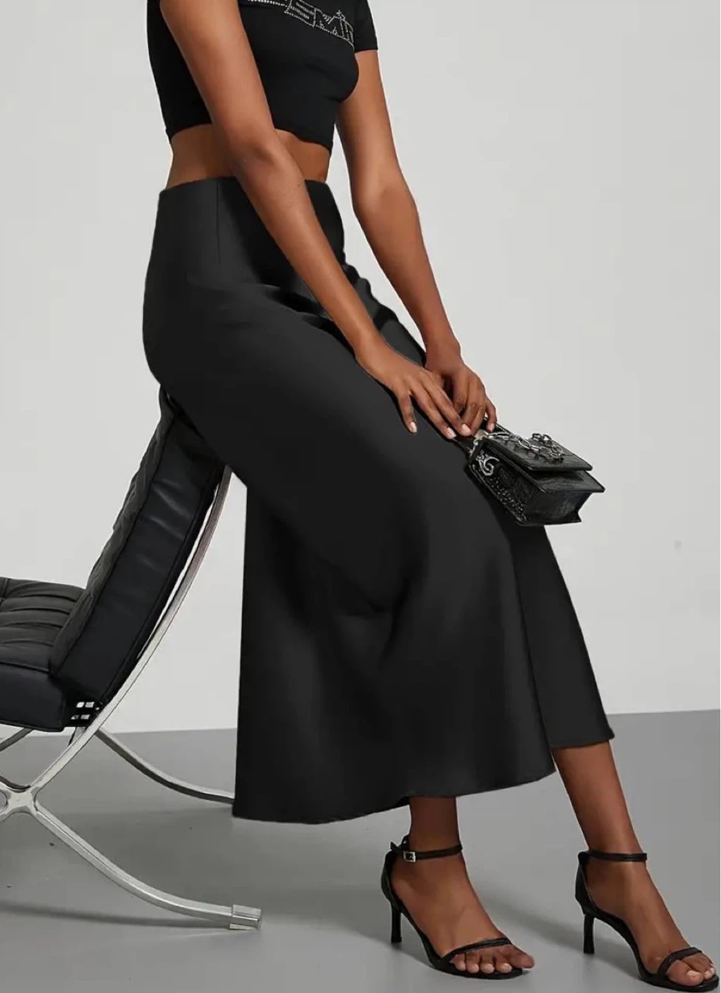 Black Satin Midi Skirt, size S - photo 4