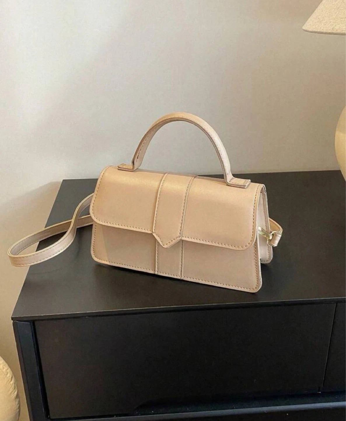 Beige minimalist top handle flap square bag