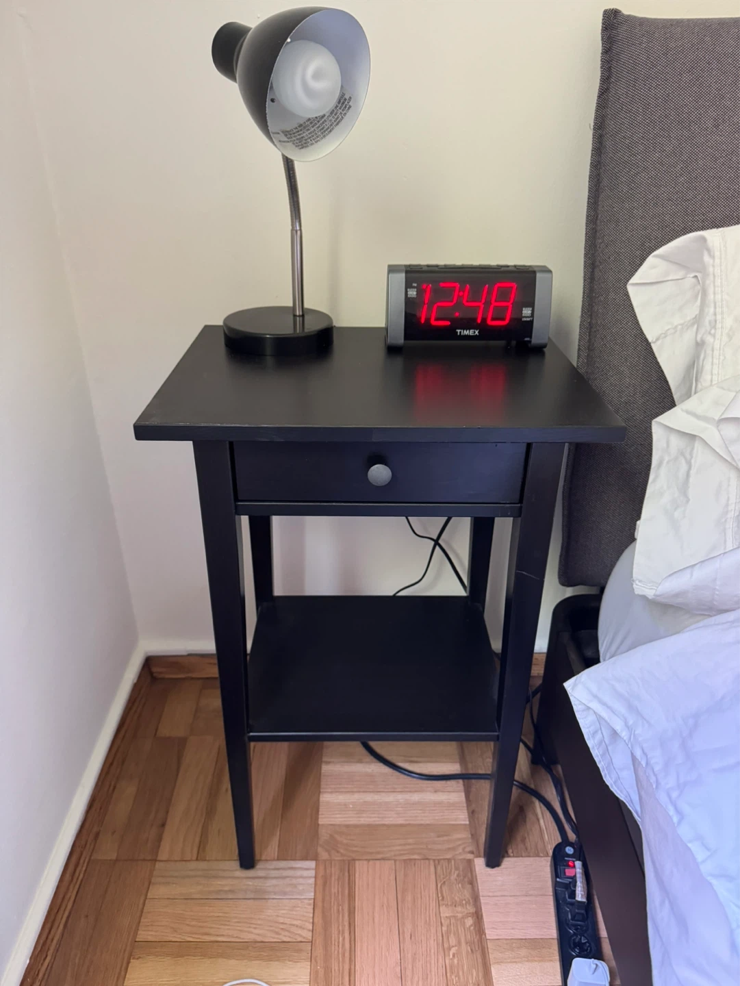 Black Nightstand with Drawer and Shelf