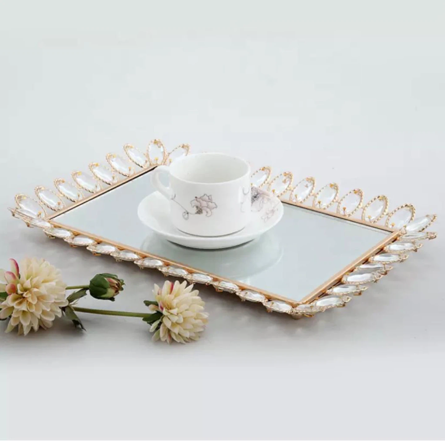 Decorative Mirrored Tray with Crystal Embellishments