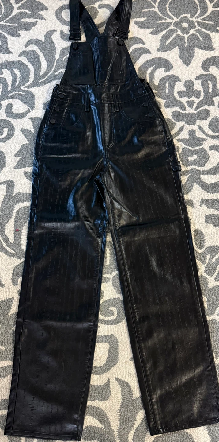 Good American Black Faux Leather Overalls
