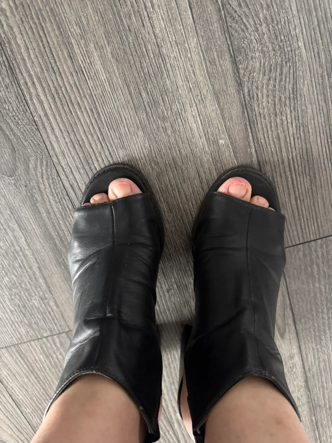 Black Leather Open-Toe Block Heels - photo 3