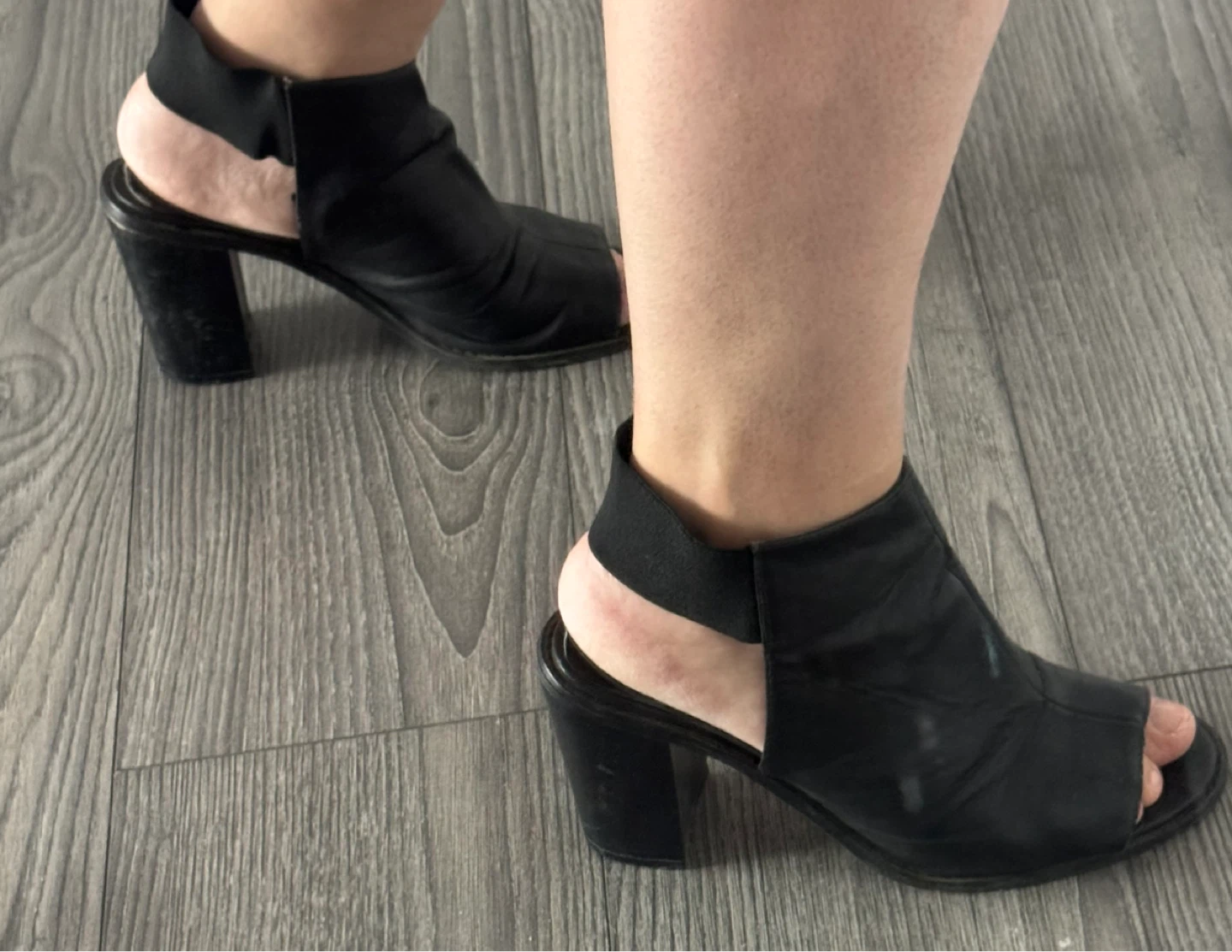Black Leather Open-Toe Block Heels
