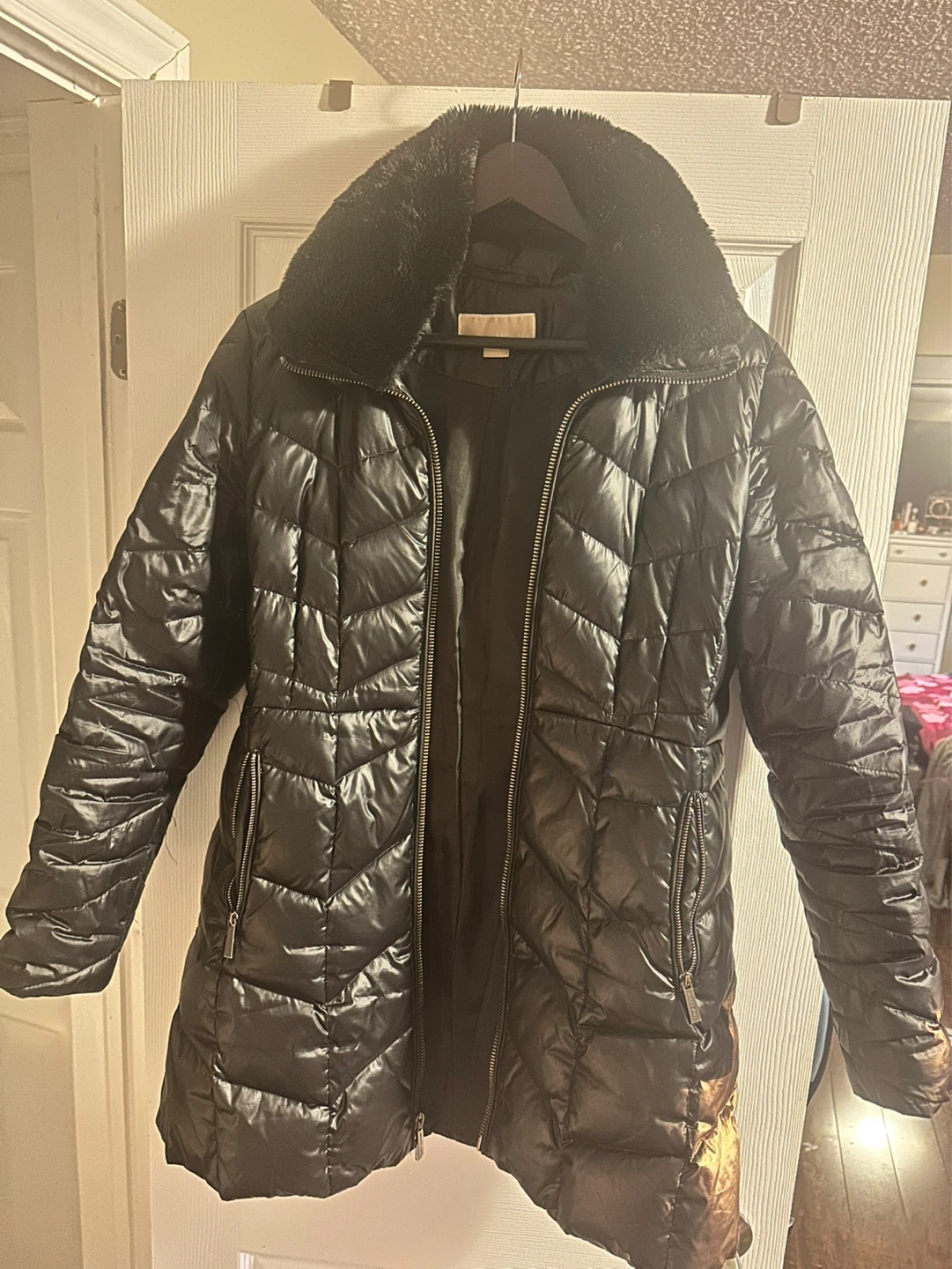 Michael Kors Black Puffer Coat with Fur Trim