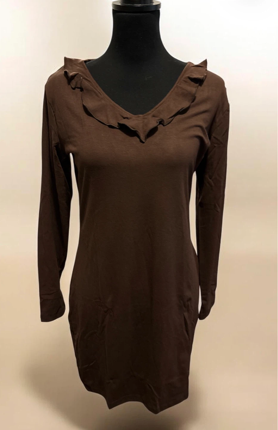 Brown Long Sleeve Ruffled Neck Dress - XL