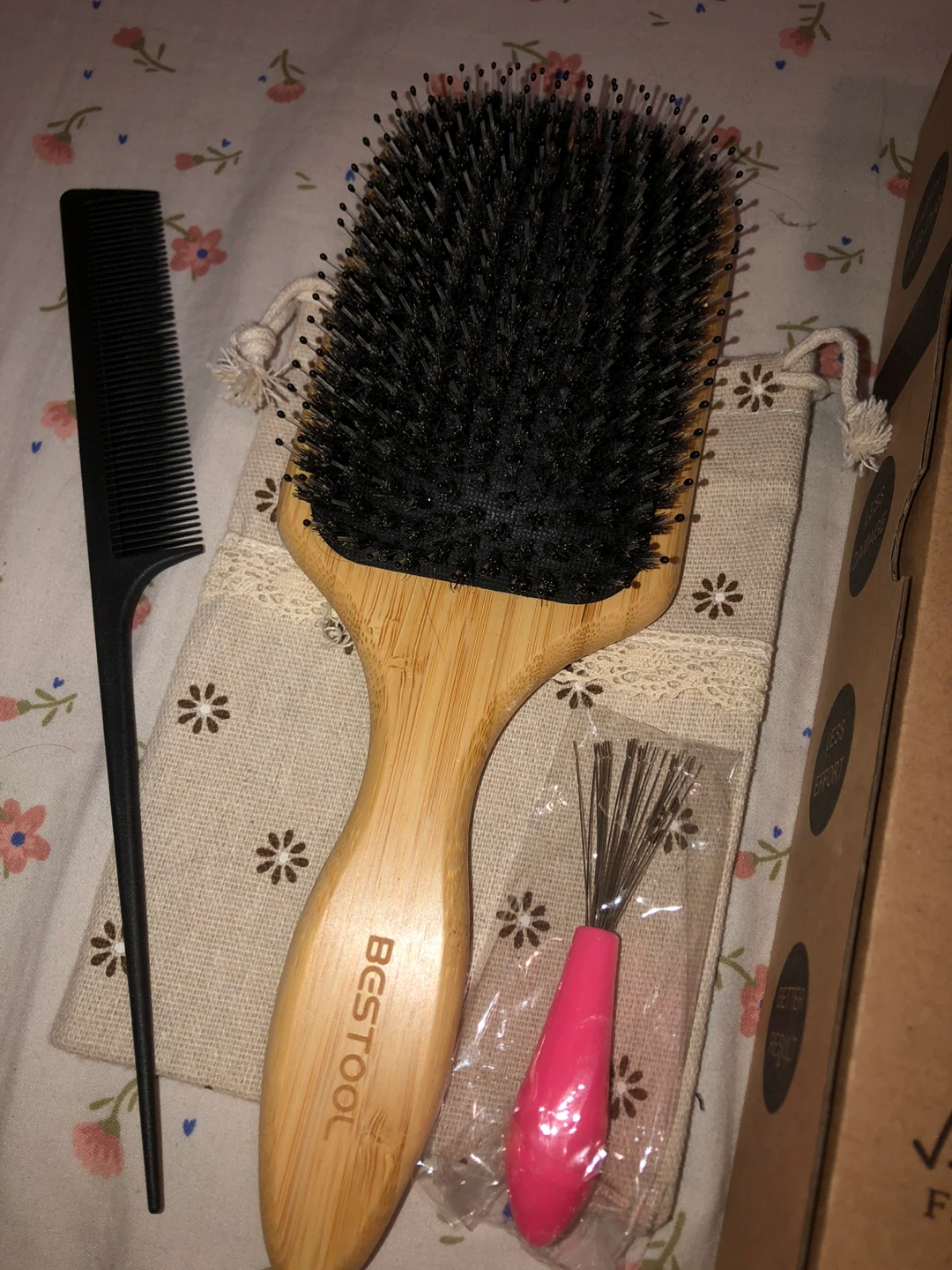 Boar Bristle Hair Brush with comb and brush cleaner