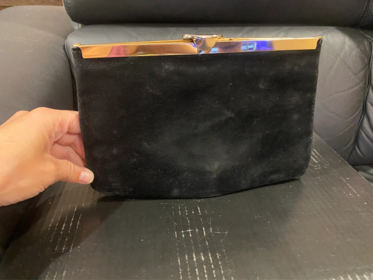 Black Velvet Clutch with Gold Chain