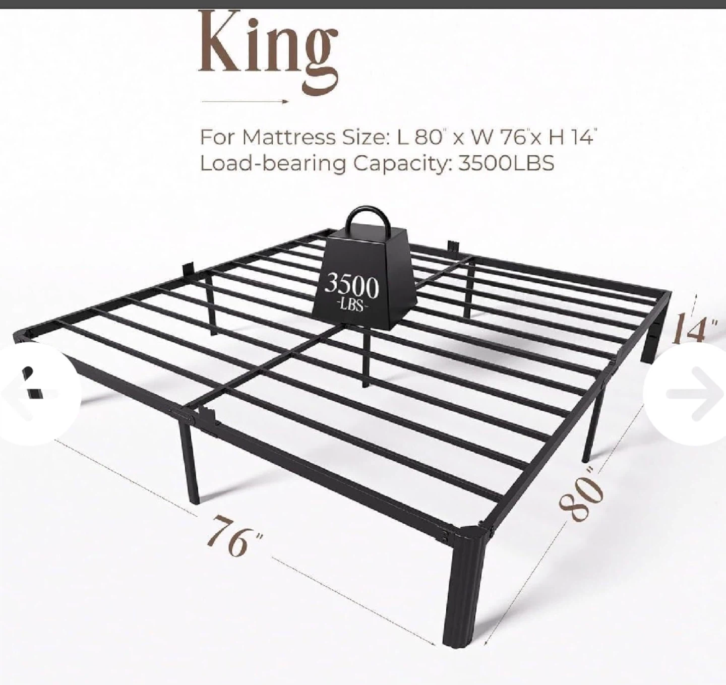 King Metal Bed Frame - 14 Inch Height