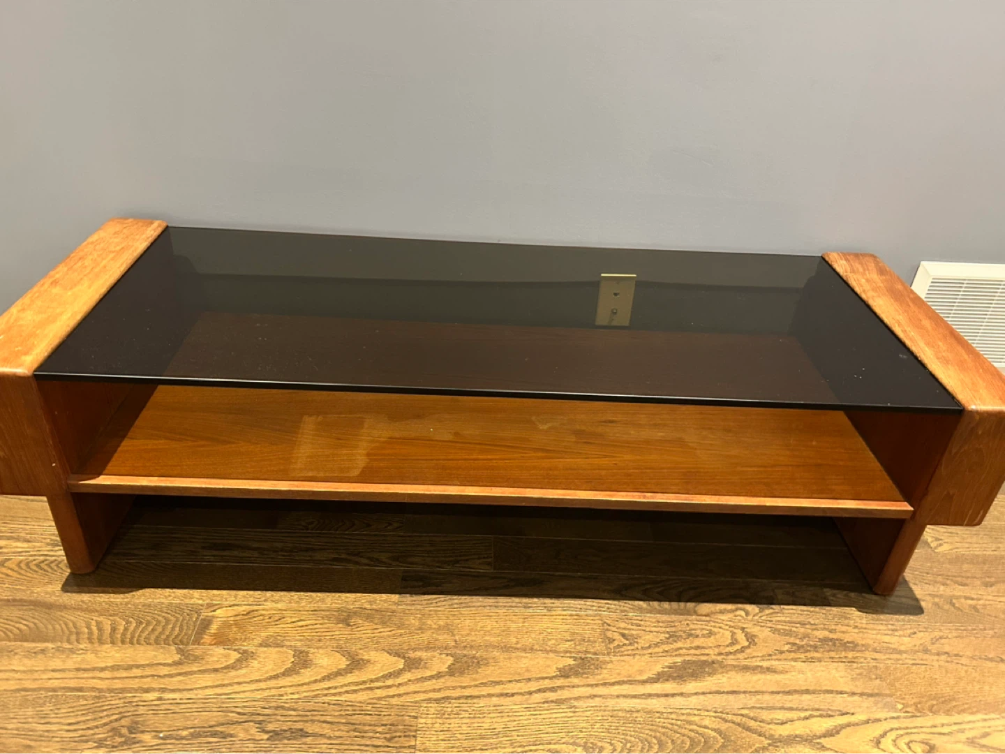 Wooden Media Console with Smoked Glass Top