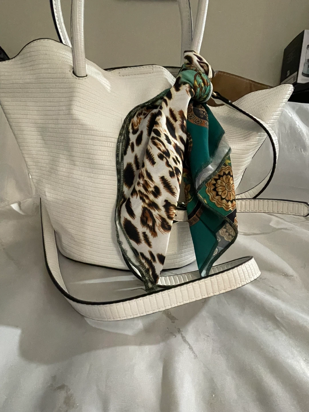 White JustFab Tote Bag with Scarf Accent