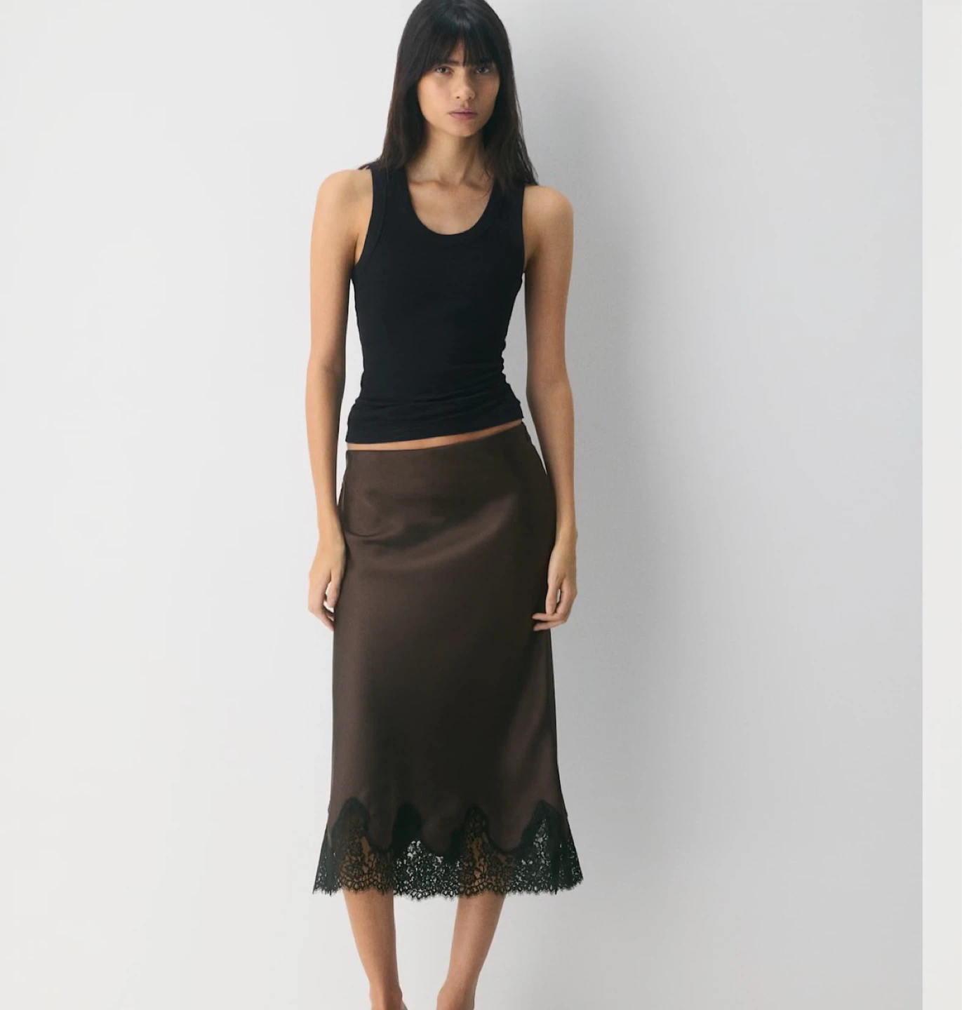 ARITZIA Brown Satin Slip Skirt with Lace Trim