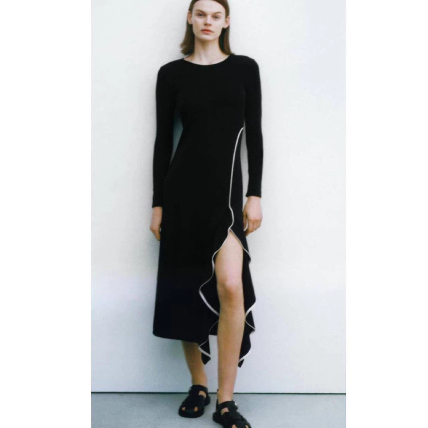ZARA Elegant Black Midi Dress with Ruffle – Size S - photo 3