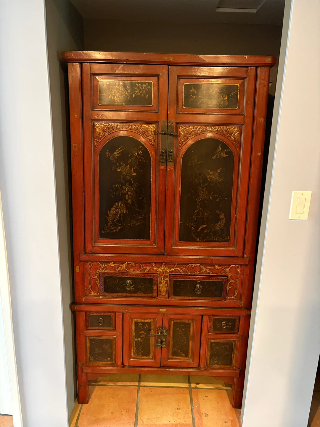 Antique Red Lacquered Cabinet with Gold Gilded Accents