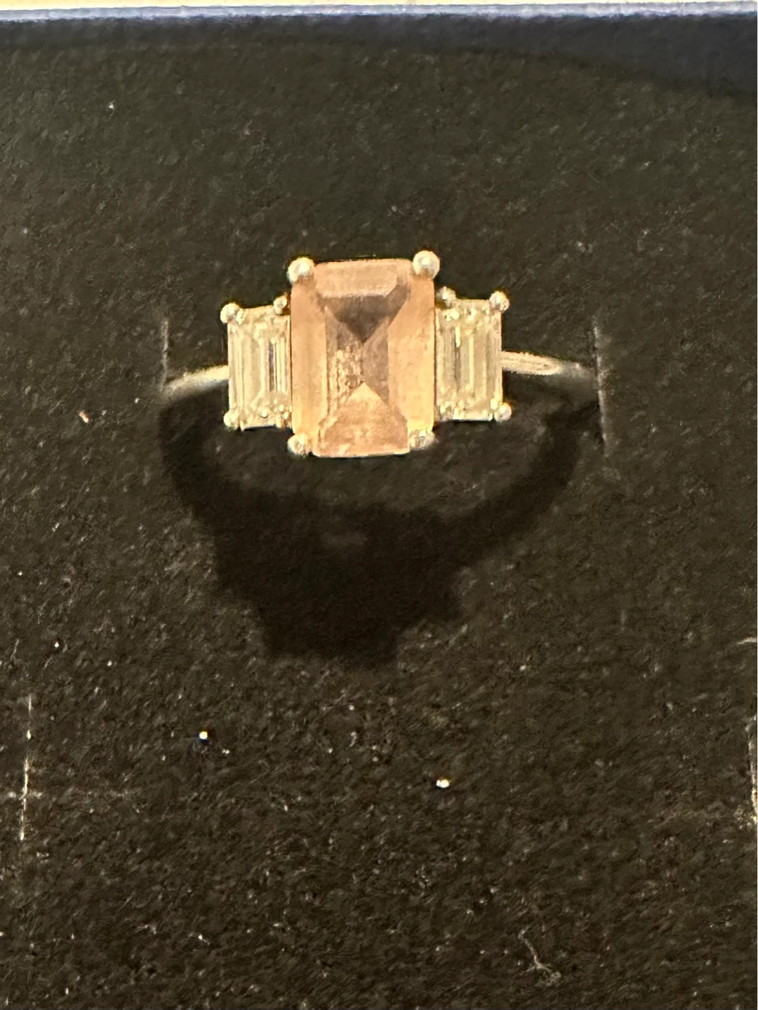 3 stone emerald cut morganite ring
