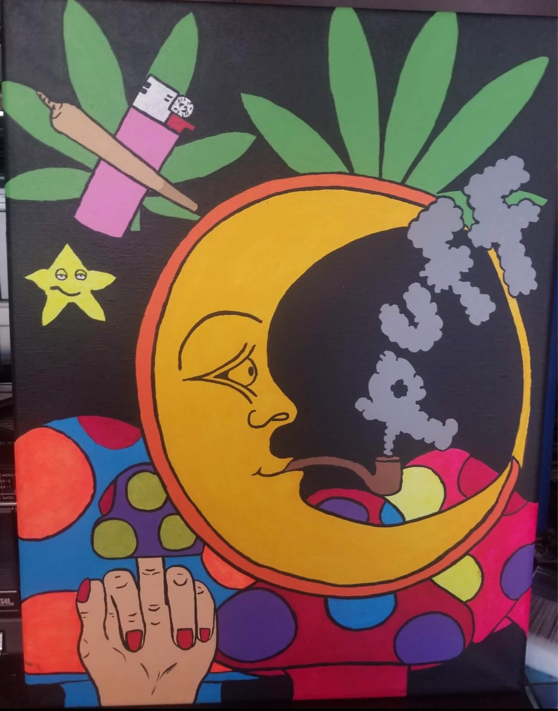 Psychedelic Moon and Star Canvas Art