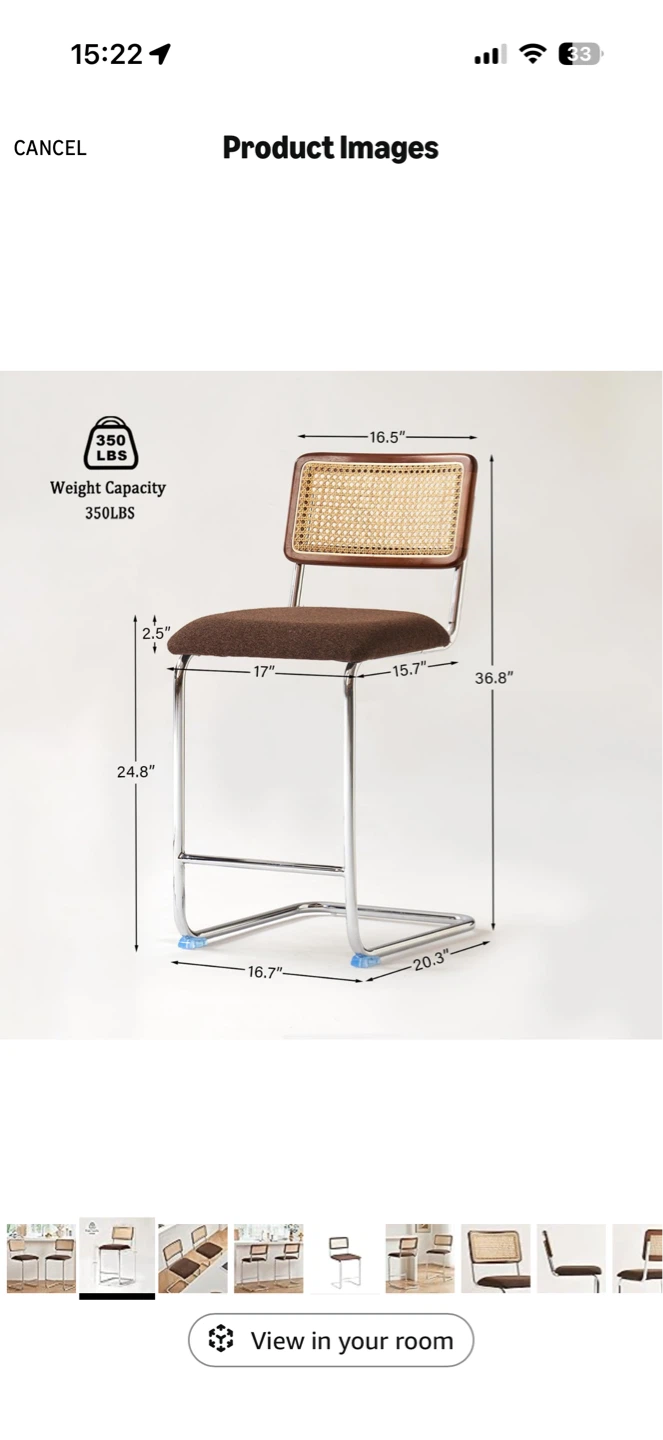Natural Rattan Cane Back Bar Stool - Brown Fabric Seat - photo 3
