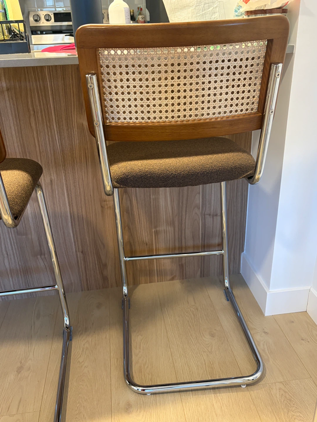 Natural Rattan Cane Back Bar Stool - Brown Fabric Seat